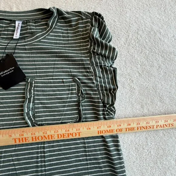 NWT Olive Green Striped Ruffle Sleeve Tee Womens Casual Pocket Top Size M - Picture 8 of 13